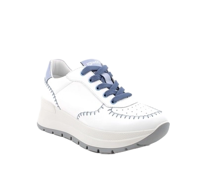 Sneakers with wedge for women white and sky blue with laces